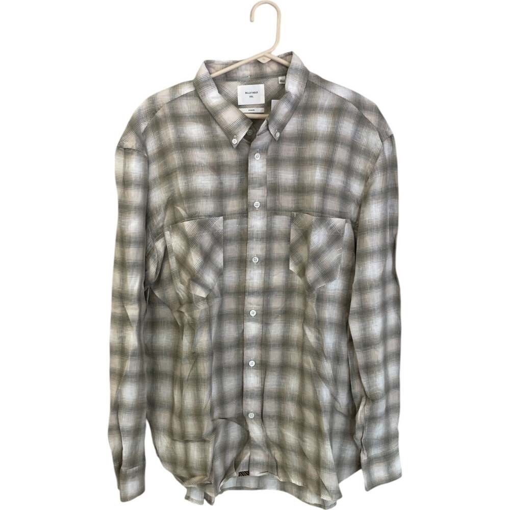 Billy Reid Plaid Olive Gray Linen Button Up Shirt Mens 2XL Standard Long Sleeve